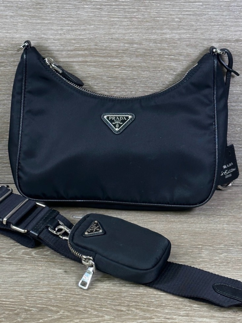 Prada Black Nylon Strap Shoulder Bag with Silver Hardware